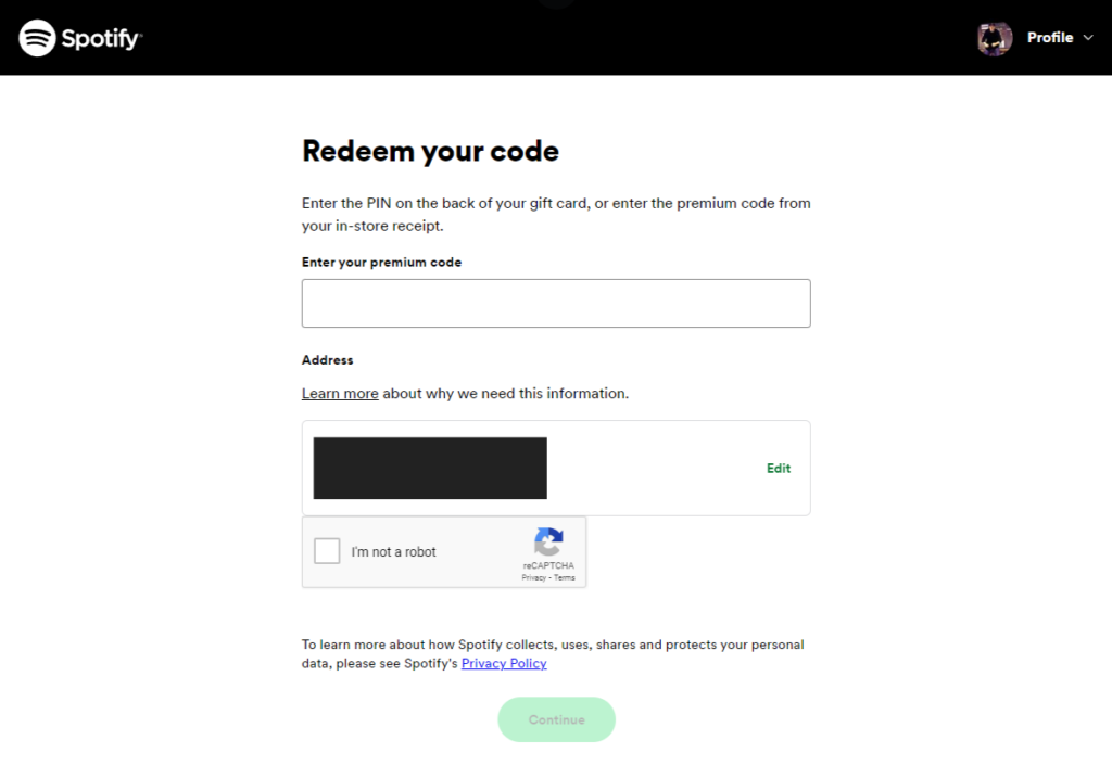 Spotify redeem your code